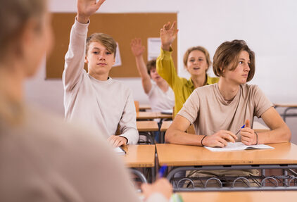 Teenagers raising hands during lesson in classroom