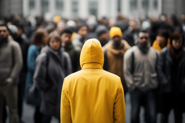 Crowd of people at city street. Generative AI