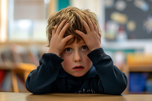 Overwhelmed young boy in a classroom setting, hands on head, expressing stress or fatigue. candid capture of childhood emotions. AI